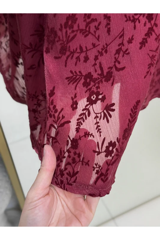Ülkü Astarlı Kemerli Organize Flok Desen Etek-EK752.1 Bordo – 4. görsel
