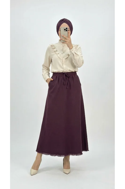 Feyona Altı Püsküllü Gabardin Etek-MA4281 Mürdüm