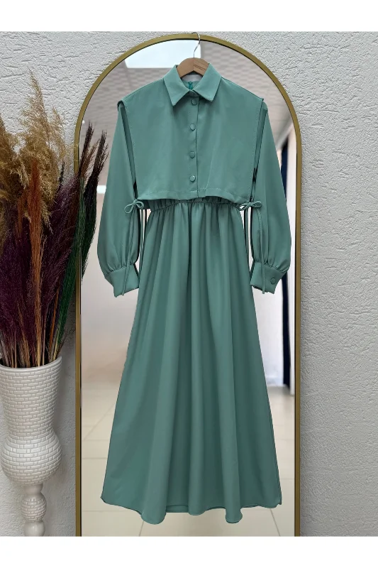 Vinoria Beli Lastikli Yeleği Düğmeli Dabıl Elbise-KN9899 Mint – 2. görsel
