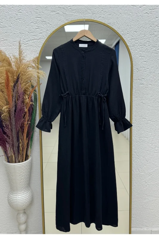 Almina Müslin Biye Bağcıklı Elbise-NA2418 Siyah – 2. görsel