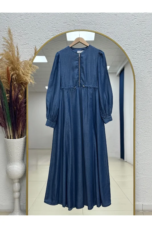 Zekiye Yarısı Fermuarlı Beli Sıkmalı Kot Elbise-PA9460 Kot Rengi – 2. görsel