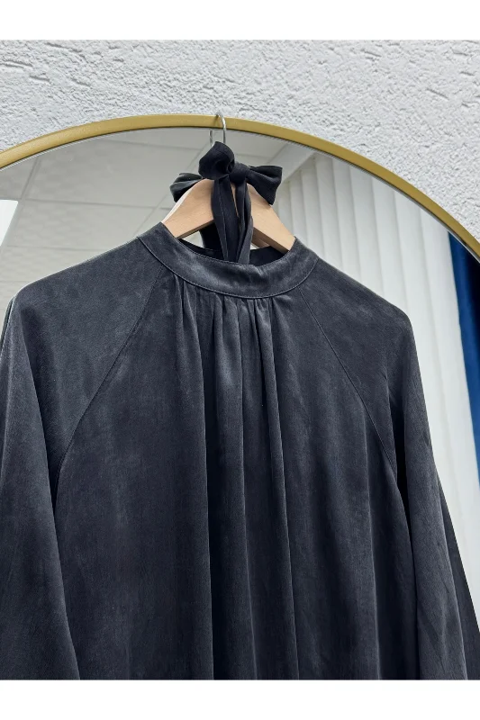 Verda Önü Büzgülü Reglan Kol İpek Elbise-MF1796 Siyah – 3. görsel