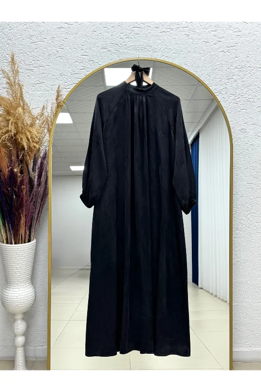 Verda Önü Büzgülü Reglan Kol İpek Elbise-MF1796 Siyah – 2. görsel