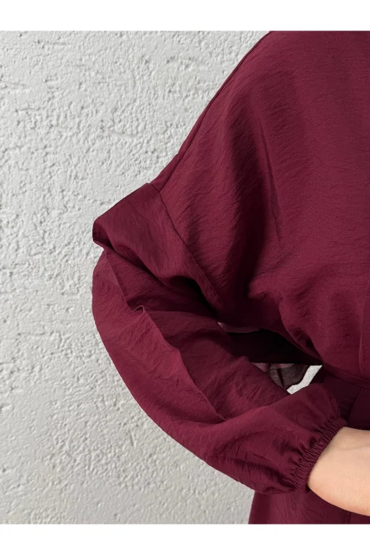 Maruna Poplin Pileli Düğmeli Elbise-NA2404 Bordo – 3. görsel
