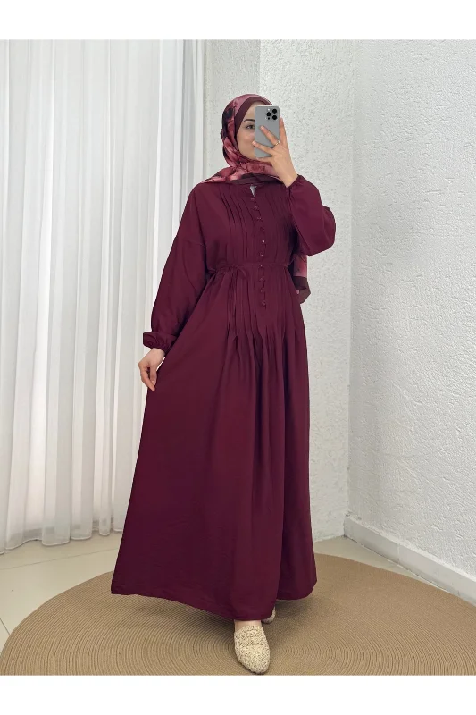 Maruna Poplin Pileli Düğmeli Elbise-NA2404 Bordo – 2. görsel