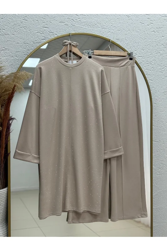 Fallon Tuniği Taşlı Pantolonlu Takım-MA5888 Taş