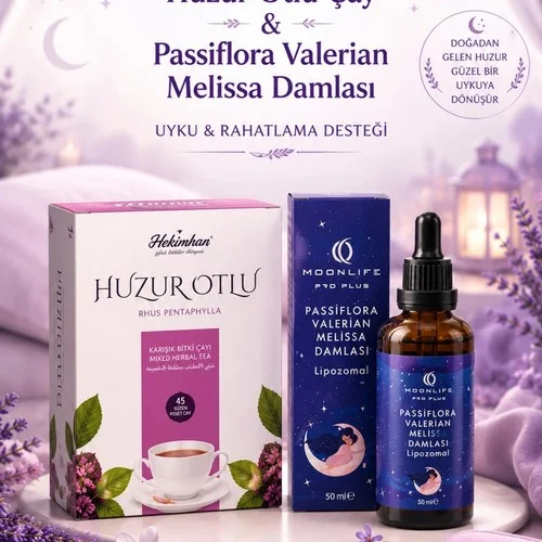 Huzurlu Uyku & Rahatlama Seti (Huzur Otlu Çay 45'li & Passiflora, Valerian, Melissa Damla 50 Ml)
