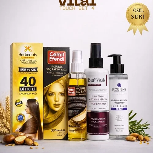 ÇareBurada Vital Touch Set 4 - CemilEfendi Saç Bakım Yağı 125 ml + BioVitals Argan & Keratin Saç Bakım Sütü + Biobiens Argan&Keratin&Biberiye Saç Bakım Serumu+ 40 Bitkili Saç Bakım Yağı Herbauty