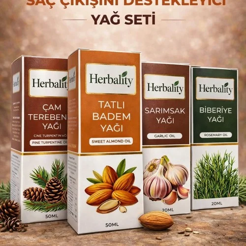 Saç Çıkışını Destekleyici Yağ Seti (Sarımsak Yağı & Biberiye Yağı & Çam Terebentin Yağı & Tatlı Badem Yağı)