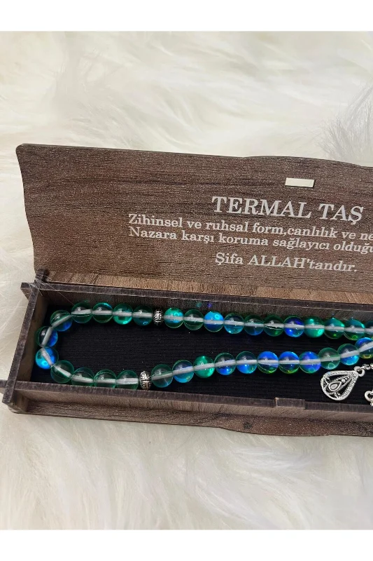YEŞİL TERMAL TAŞI TESBİH DOĞAL TAŞ ÖZEL AHŞAP KUTUSUNDA – 3. görsel