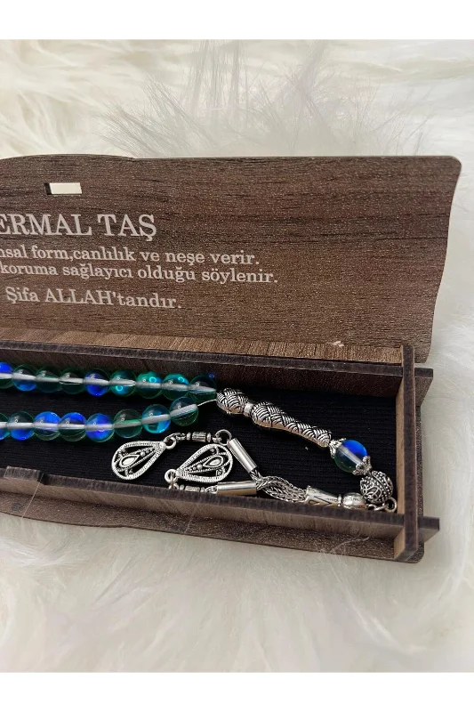 YEŞİL TERMAL TAŞI TESBİH DOĞAL TAŞ ÖZEL AHŞAP KUTUSUNDA – 4. görsel