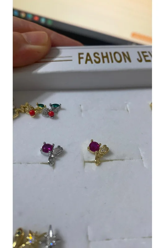 LALE TASARIM FUŞYA TAŞLI GOLD TRAGUS HELİX PEARSING KIKIRDAK KÜPE ÇELİK (HEDİYELİ)