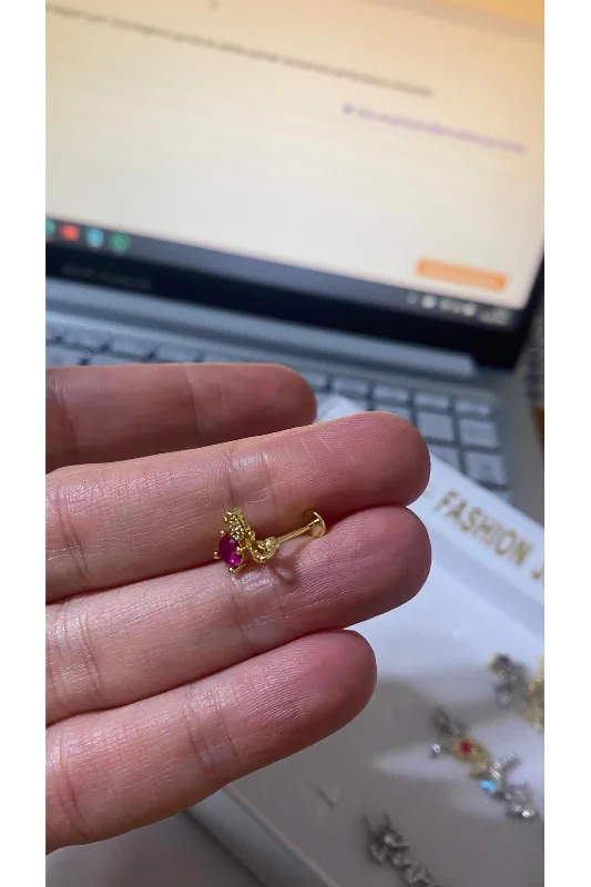 LALE TASARIM FUŞYA TAŞLI GOLD TRAGUS HELİX PEARSING KIKIRDAK KÜPE ÇELİK (HEDİYELİ)