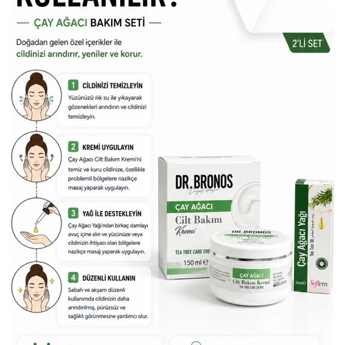 DR.BRONOS Çay Ağacı Cilt Bakım Kremi 150 ml. | Softem Çay Ağacı Yağı 20 ml. – 2. görsel