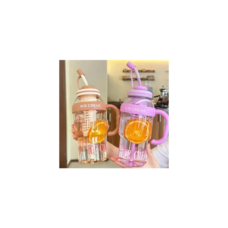 ICE CREAM Tasarımlı Pipetli Suluk 1.3 Litre Büyük Hacimli, Şeffaf Renkli Matara, Sızdırmaz Kapak