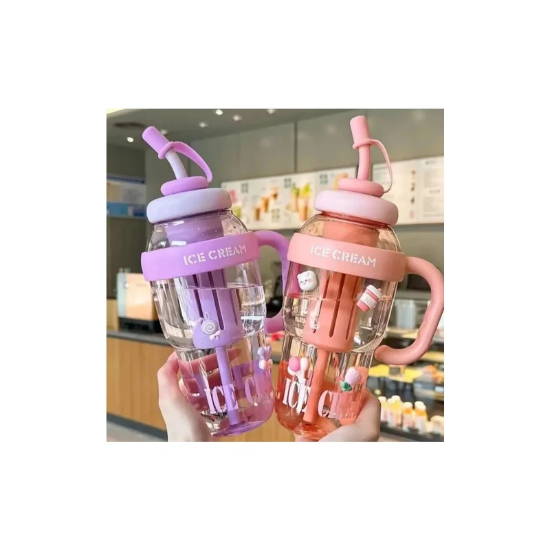 ICE CREAM Tasarımlı Pipetli Suluk 1.3 Litre Büyük Hacimli, Şeffaf Renkli Matara, Sızdırmaz Kapak