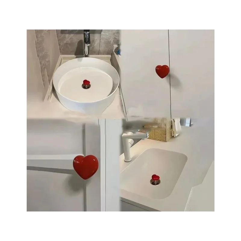 2 Adet Kırmızı Renk Yapışkanlı Kalp Model Sifon, Dolap Ve Çekmece Kulbu