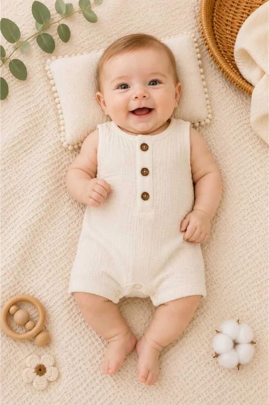 Bebek Tulumu 0-3 Ay –%100 Pamuk Müslin Unisex Nefes Alan Yumuşak Yazlık Tulum – Krem – 3. görsel