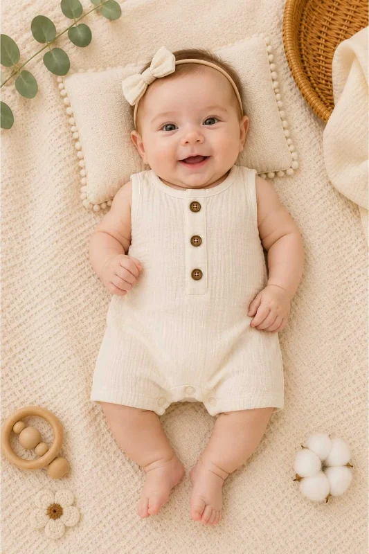 Bebek Tulumu 0-3 Ay –%100 Pamuk Müslin Unisex Nefes Alan Yumuşak Yazlık Tulum – Krem – 4. görsel