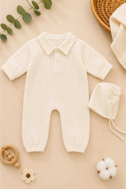 Bebek Tulumu ve Şapka Seti – Unisex Yenidoğan Takımı hastane çıkışı – Krem 0-3 Ay %100 Pamuk Müslin