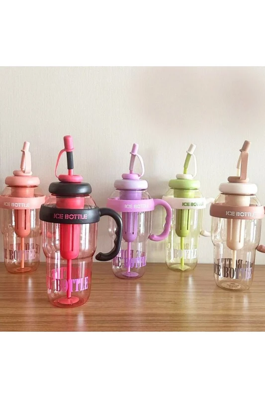 ICE CREAM Tasarımlı Pipetli Suluk – 1.3 Litre Büyük Hacimli, Şeffaf Renkli Matara, Sızdırmaz Kapak