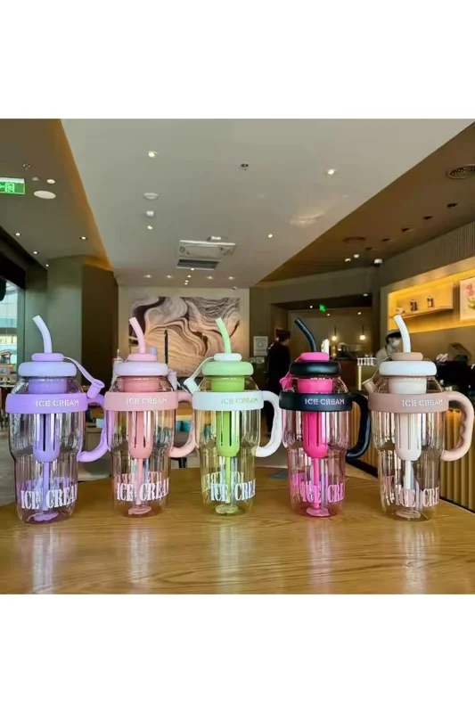 ICE CREAM Tasarımlı Pipetli Suluk – 1.3 Litre Büyük Hacimli, Şeffaf Renkli Matara, Sızdırmaz Kapak