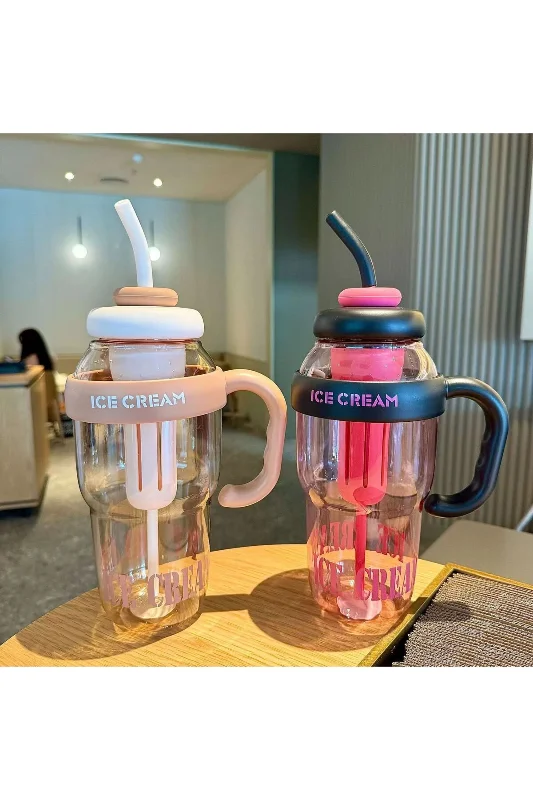 ICE CREAM Tasarımlı Pipetli Suluk – 1.3 Litre Büyük Hacimli, Şeffaf Renkli Matara, Sızdırmaz Kapak