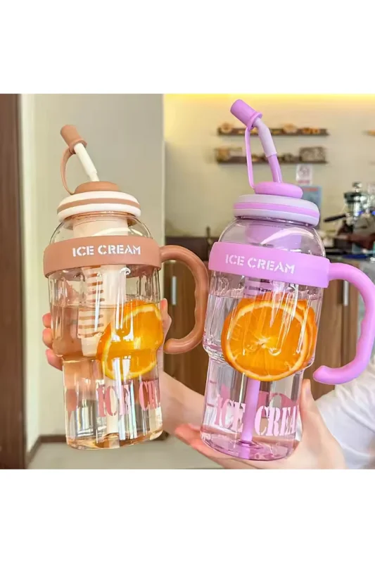 ICE CREAM Tasarımlı Pipetli Suluk – 1.3 Litre Büyük Hacimli, Şeffaf Renkli Matara, Sızdırmaz Kapak