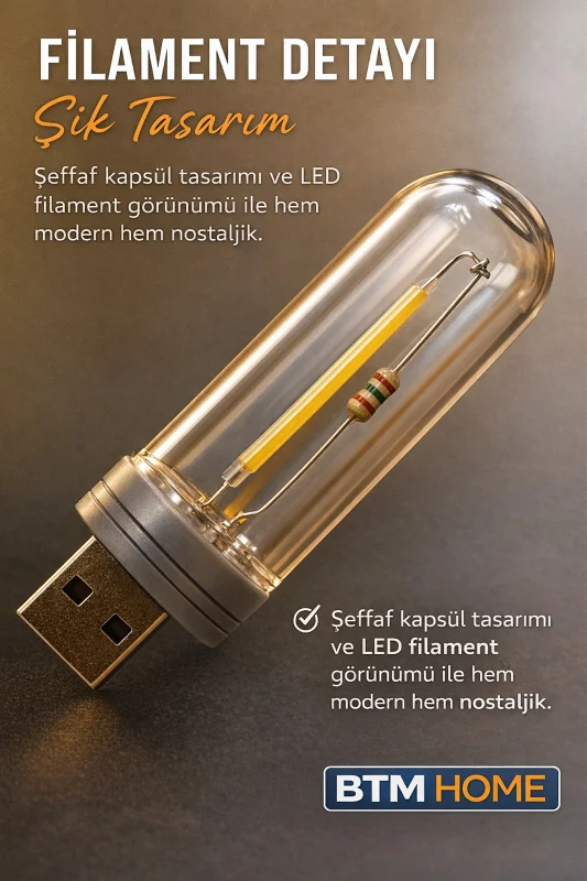 USB Mini LED Ambiyans Işığı Şeffaf Filament Tasarım Gece Lambası 1 Adet Tak Çalıştır