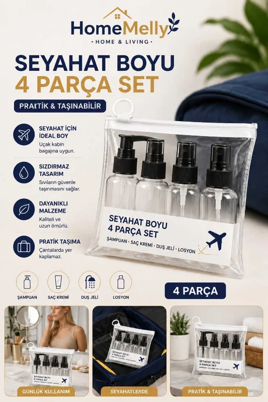50 ml Şeffaf Kozmetik Şişe Seti 4’lü Çok Amaçlı Losyon Parfüm Şampuan Taşıma Seti