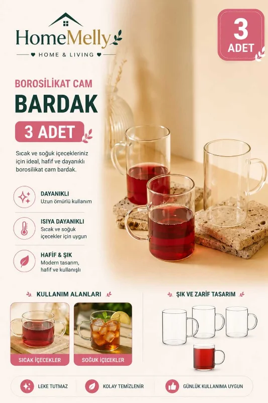 3 Adet Borosilikat Isıya Dayanıklı Kupa Cam Bardak 3 Adet