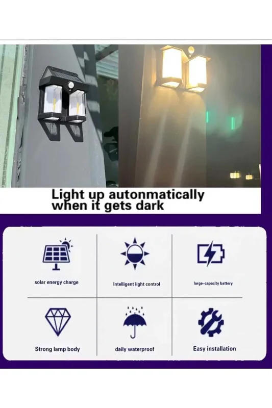 Solar Panelli Sensörlü 3 Modlu Otomatik Bahçe Aydınlatması, Güneş Enerjili Led Duvar Işığı