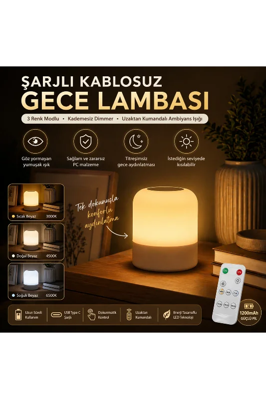Şarjlı Gece Lambası Kumandalı 3 Renk Dokunmatik Dimmerli Kablosuz Masa Lambası – 2. görsel