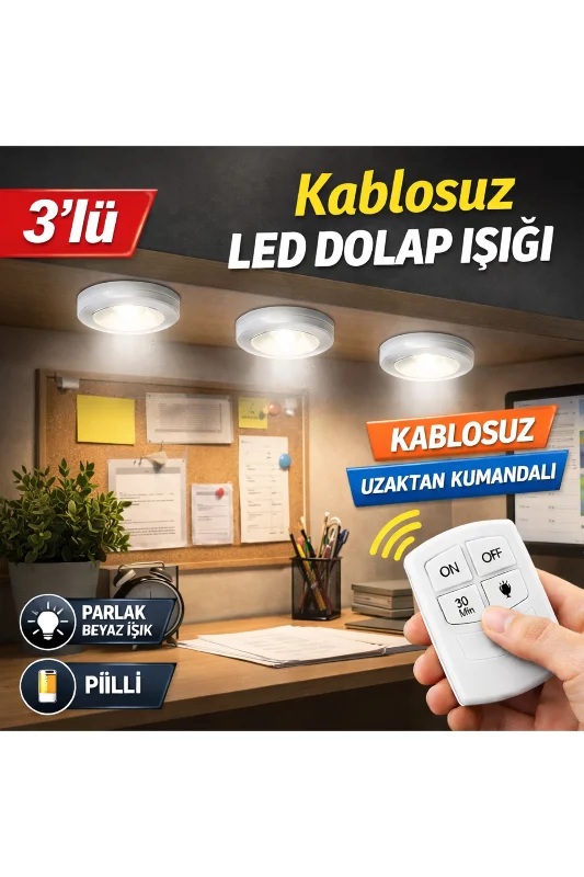 Uzaktan Kumandalı 3’lü LED Dolap Işığı Kablosuz Pilli Raf Mutfak Gardırop Aydınlatma