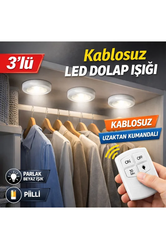 Uzaktan Kumandalı 3’lü LED Dolap Işığı Kablosuz Pilli Raf Mutfak Gardırop Aydınlatma
