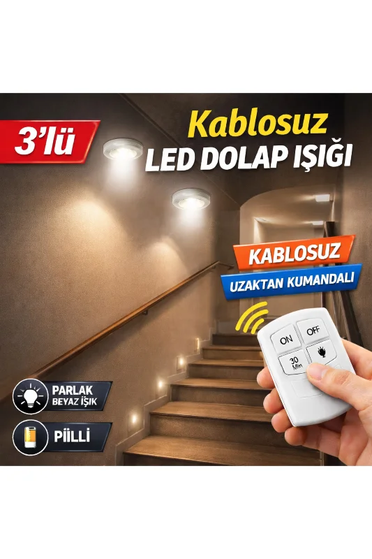 Uzaktan Kumandalı 3’lü LED Dolap Işığı Kablosuz Pilli Raf Mutfak Gardırop Aydınlatma