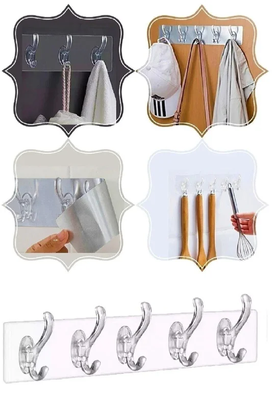 3 Paket Mutfak Banyo Kapı Askısı -5li Kendinden Yapışkanlı Güçlü Şeffaf Askılık