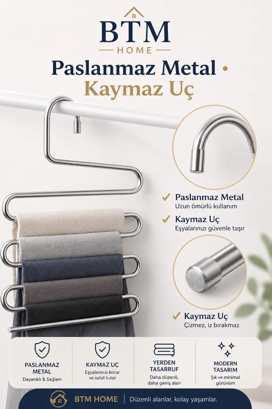 5 Katlı Pantolon Askısı Paslanmaz Metal Dolap İçi Düzenleyici Kaymaz Askılık