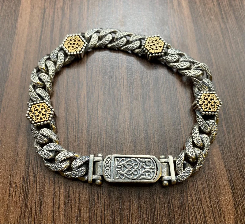 El Yapımı 925 Ayar Gümüş ULTRA AĞIR Zincir Bileklik | İki Tonlu Rumi Toka 47 Gram