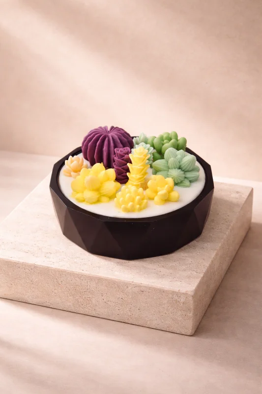 Kaktüs Dekoratif Mum-El Yapımı Taş Tozu Saksı Ahşap 3 Fitilli Kaktüs Mum - Doğal Soya Wax - 14x5,5 cm