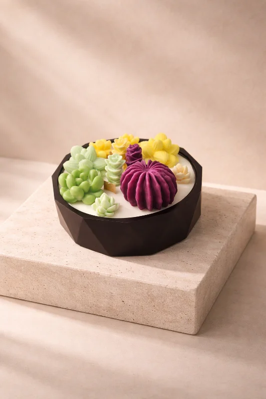 Kaktüs Dekoratif Mum-El Yapımı Taş Tozu Saksı Ahşap 3 Fitilli Kaktüs Mum - Doğal Soya Wax - 14x5,5 cm