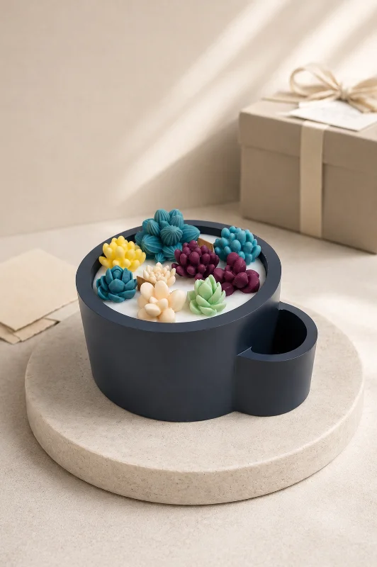 Yuvarlak Taş Tozu Sukulent Ve Kibritlik Detaylı Dekoratif Mum 13x6,5 cm Soya Wax Mum
