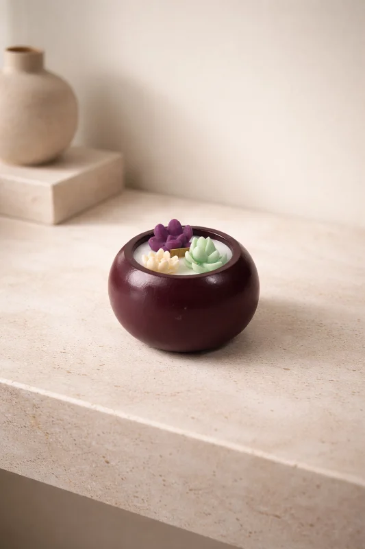 Yuvarlak Taş Tozu Sukulent Detaylı Dekoratif Mum 9x6,5 cm Soya Wax Mum
