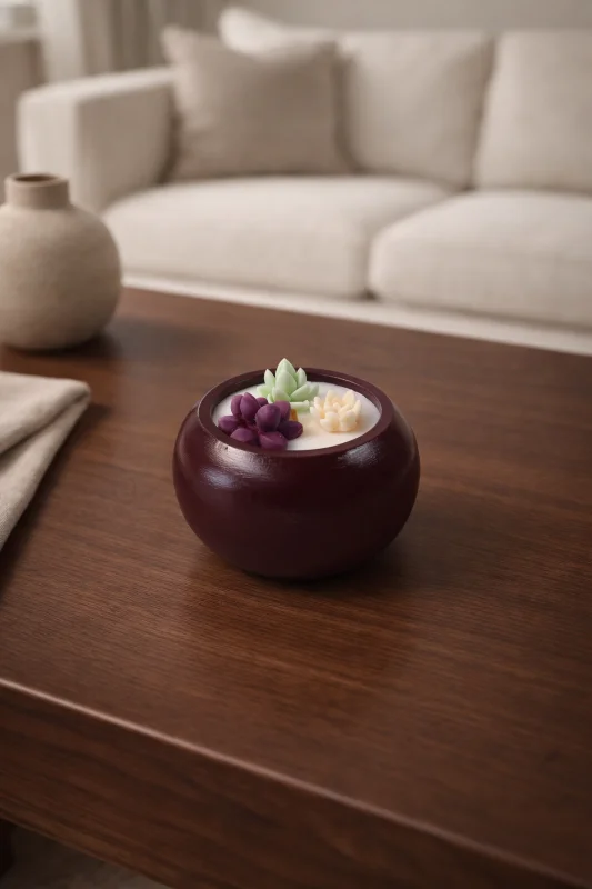 Yuvarlak Taş Tozu Sukulent Detaylı Dekoratif Mum 9x6,5 cm Soya Wax Mum