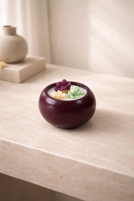 Yuvarlak Taş Tozu Sukulent Detaylı Dekoratif Mum 9x6,5 cm Soya Wax Mum