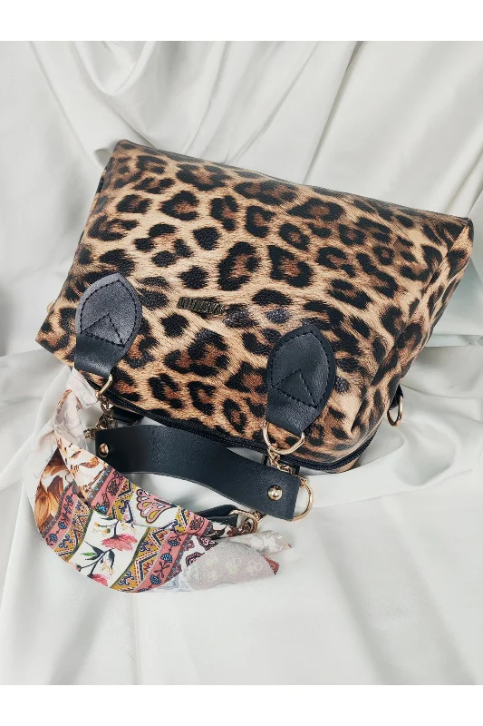 Leopar Desenli Fashion Yazılı Şal Fularlı Çift Saplı Omuz Çantası