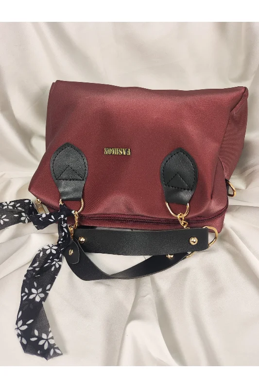 Bordo Fashion Yazılı Çiçek Fularlı Geniş Hacimli El ve Omuz Çantası