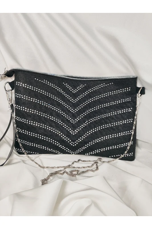 Siyah Taşlı Zincir Askılı Portföy Clutch