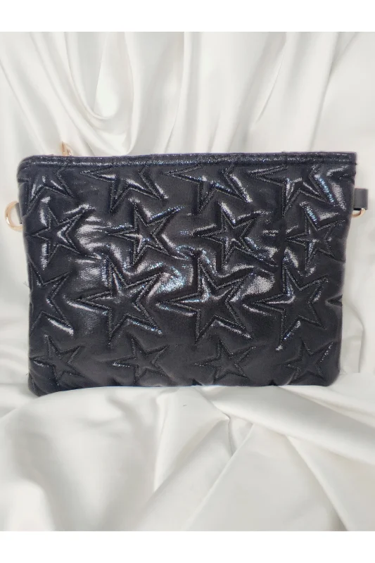 Yıldız Desenli Siyah Kapitone Clutch Portföy Bilek ve Omuz Çantası – 2. görsel