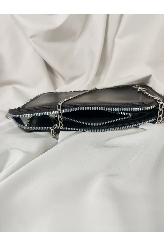 Kahverengi Taşlı Kenarlı Gümüş Zincir Askılı Portföy Clutch Çanta – 3. görsel
